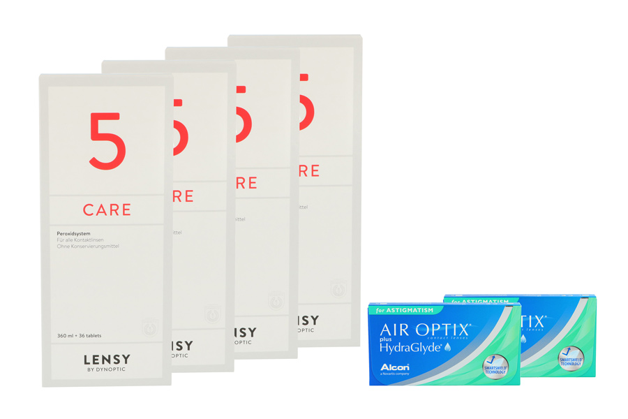 Sparpakete Kontaktlinsen mit Linsenmitteln Air Optix plus HydraGlyde for Astigmatism 2 x 6 Monatslinsen + Lensy Care 5 Halbjahres-Sparpaket