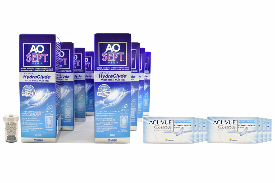 Sparpakete Kontaktlinsen mit Linsenmitteln Acuvue Oasys for Astigmatism 8 x 6 Zwei-Wochenlinsen + AoSept Plus HydraGlyde Jahres-Sparpaket