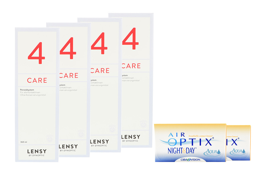 Sparpakete Kontaktlinsen mit Linsenmitteln Air Optix Night & Day Aqua 2 x 6 Monatslinsen + Lensy Care 4 Halbjahres-Sparpaket