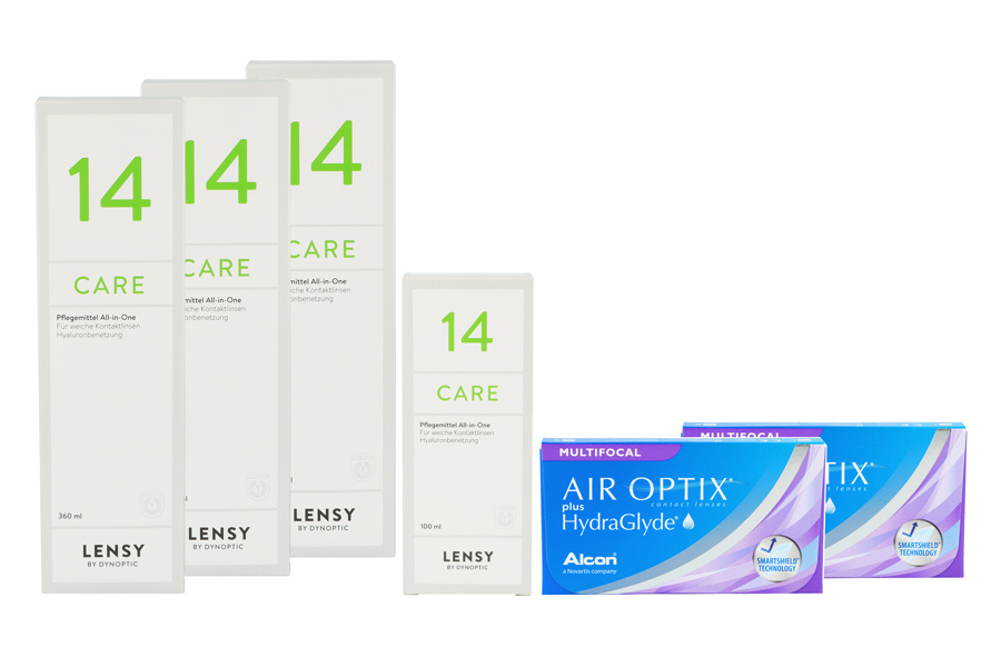 Sparpakete Kontaktlinsen mit Linsenmitteln Air Optix plus HydraGlyde Multifocal 2 x 6 Monatslinsen + Lensy Care 14 Halbjahres-Sparpaket