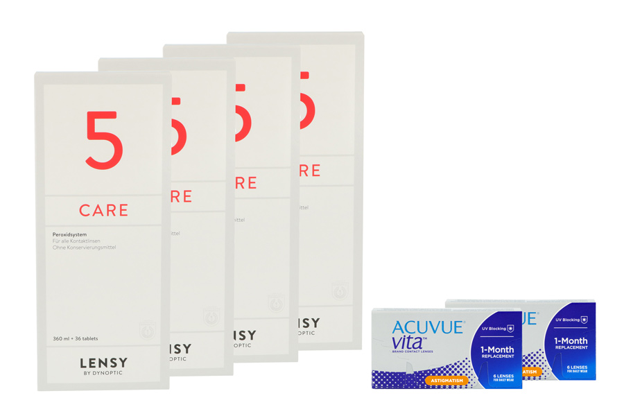Sparpakete Kontaktlinsen mit Linsenmitteln Acuvue Vita for Astigmatism 2 x 6 Monatslinsen + Lensy Care 5 Halbjahres-Sparpaket