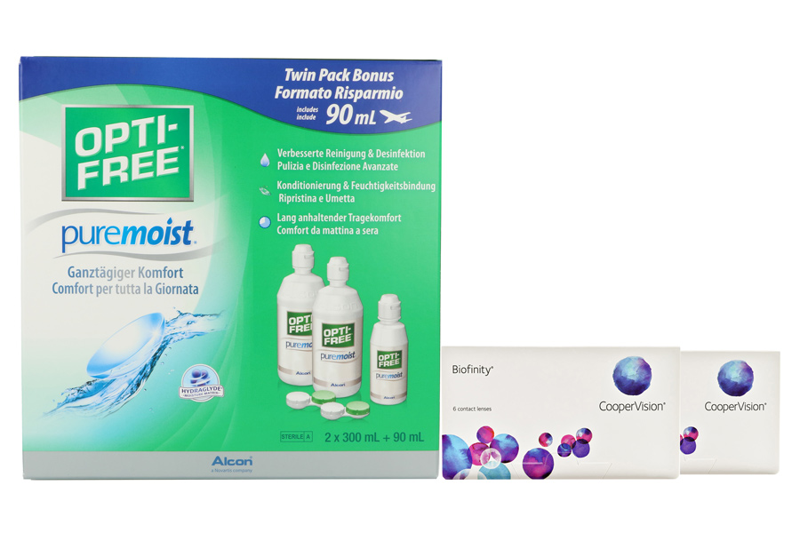Sparpakete Kontaktlinsen mit Linsenmitteln Biofinity 2 x 6 Monatslinsen + Opti Free Pure Moist Halbjahres-Sparpaket