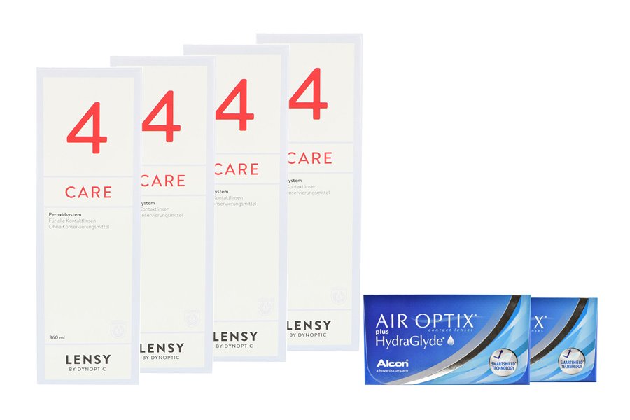 Sparpakete Kontaktlinsen mit Linsenmitteln Air Optix plus HydraGlyde 2 x 6 Monatslinsen + Lensy Care 4 Halbjahres-Sparpaket