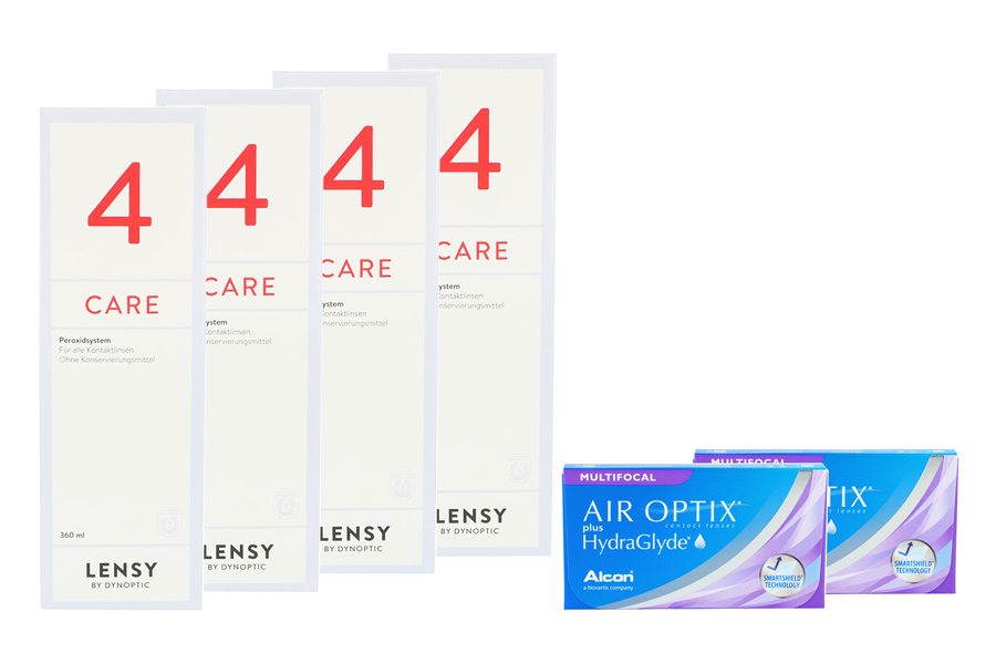 Sparpakete Kontaktlinsen mit Linsenmitteln Air Optix plus HydraGlyde Multifocal 2 x 6 Monatslinsen + Lensy Care 4 Halbjahres-Sparpaket