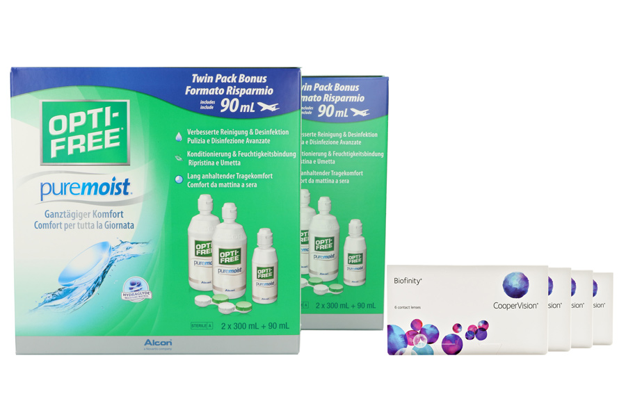 Sparpakete Kontaktlinsen mit Linsenmitteln Biofinity 4 x 6 Monatslinsen + Opti Free Pure Moist Jahres-Sparpaket