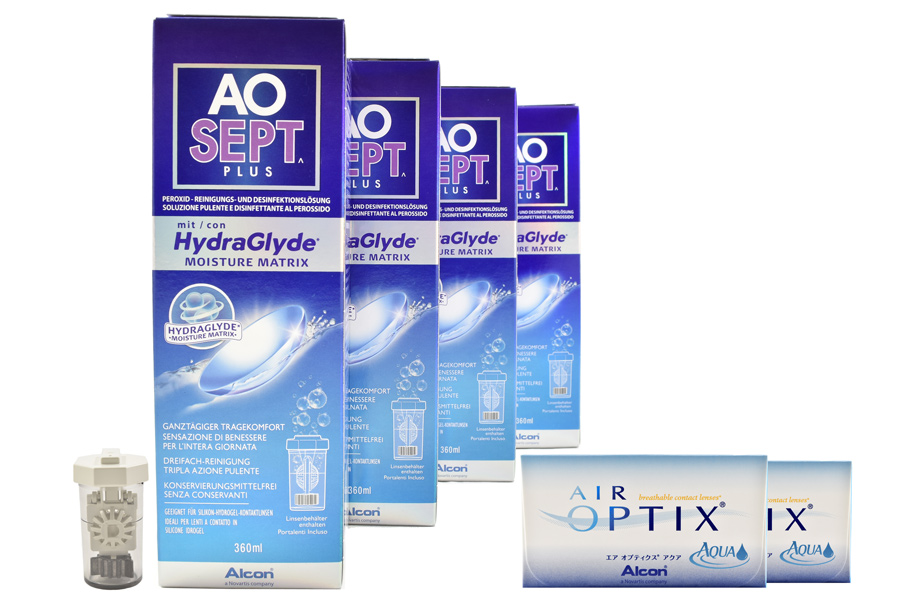 Sparpakete Kontaktlinsen mit Linsenmitteln Air Optix Aqua 2 x 6 Monatslinsen + AoSept Plus HydraGlyde Halbjahres-Sparpaket