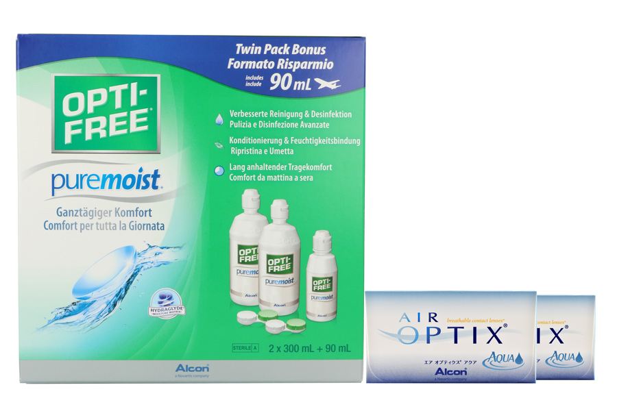 Sparpakete Kontaktlinsen mit Linsenmitteln Air Optix Aqua 2 x 6 Monatslinsen + Opti Free Pure Moist Halbjahres-Sparpaket