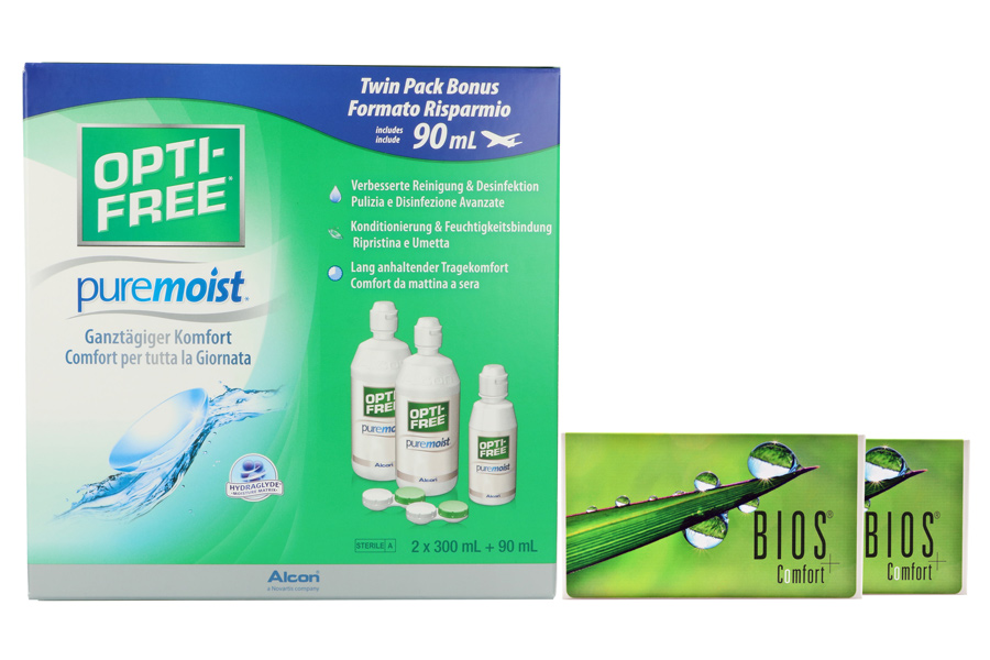 Sparpakete Kontaktlinsen mit Linsenmitteln Bios Comfort 2 x 6 Monatslinsen + Opti Free Pure Moist Halbjahres-Sparpaket