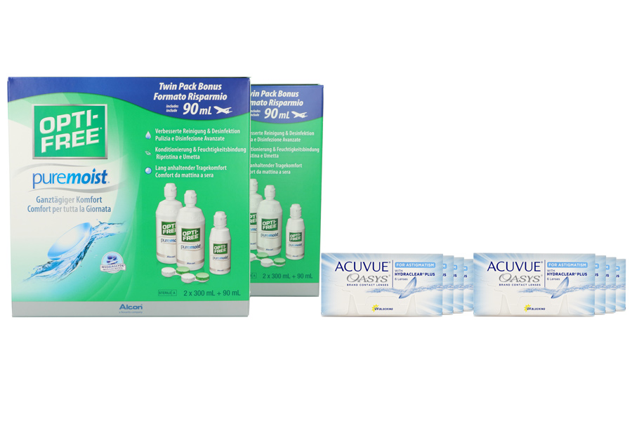 Sparpakete Kontaktlinsen mit Linsenmitteln Acuvue Oasys for Astigmatism 8 x 6 Zwei-Wochenlinsen + Opti Free Pure Moist Jahres-Sparpaket