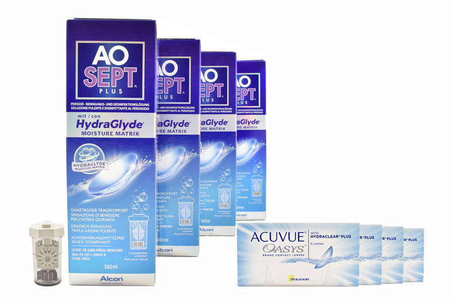 Sparpakete Kontaktlinsen mit Linsenmitteln Acuvue Oasys 4 x 6 Zwei-Wochenlinsen + AoSept Plus HydraGlyde Halbjahres-Sparpaket