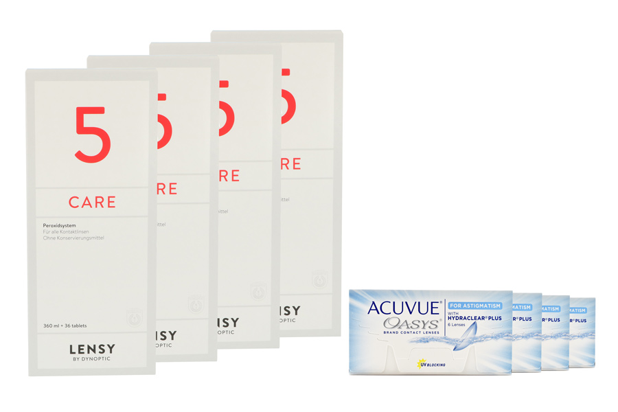 Sparpakete Kontaktlinsen mit Linsenmitteln Acuvue Oasys for Astigmatism 4 x 6 Zwei-Wochenlinsen + Lensy Care 5 Halbjahres-Sparpaket