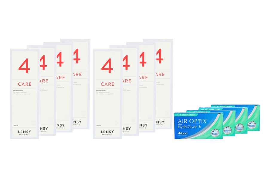 Sparpakete Kontaktlinsen mit Linsenmitteln Air Optix plus HydraGlyde for Astigmatism 4 x 6 Monatslinsen + Lensy Care 4 Jahres-Sparpaket