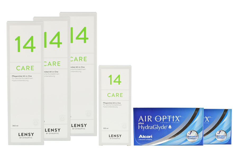 Sparpakete Kontaktlinsen mit Linsenmitteln Air Optix plus HydraGlyde 2 x 6 Monatslinsen + Lensy Care 14 Halbjahres-Sparpaket