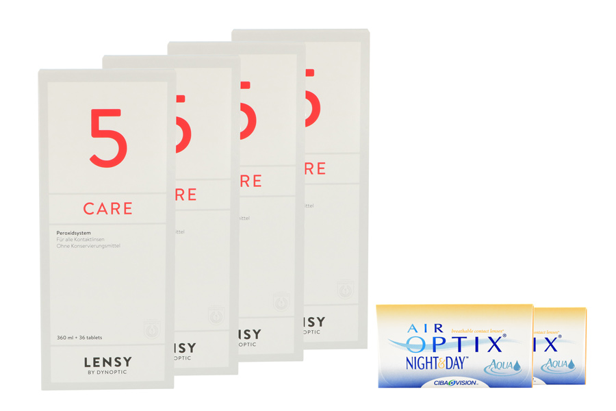 Sparpakete Kontaktlinsen mit Linsenmitteln Air Optix Night & Day Aqua 2 x 6 Monatslinsen + Lensy Care 5 Halbjahres-Sparpaket