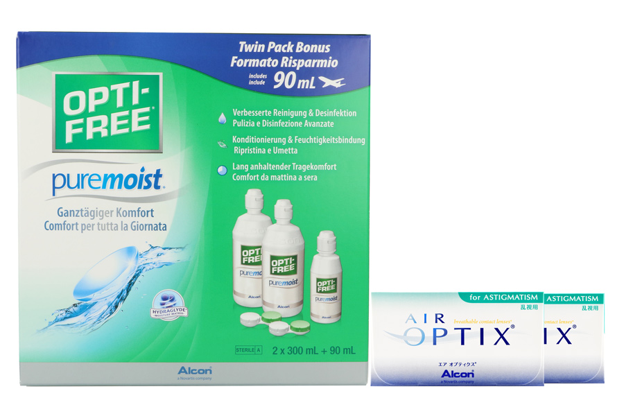 Sparpakete Kontaktlinsen mit Linsenmitteln Air Optix for Astigmatism 2 x 6 Monatslinsen + Opti Free Pure Moist Halbjahres-Sparpaket