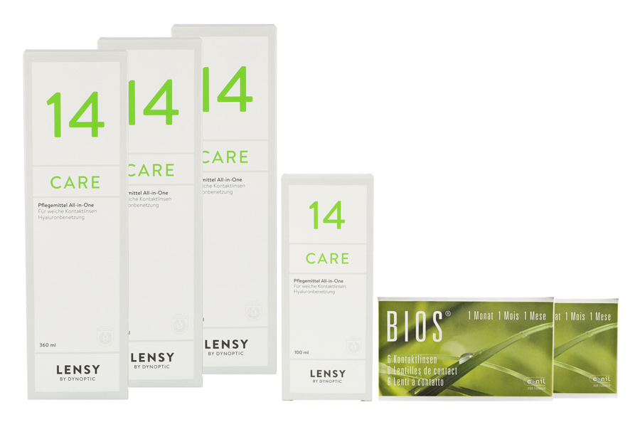 Sparpakete Kontaktlinsen mit Linsenmitteln Bios 1-Monat 2 x 6 Monatslinsen + Lensy Care 14 Halbjahres-Sparpaket