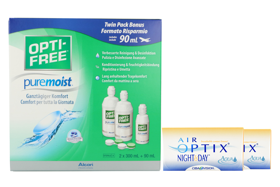 Sparpakete Kontaktlinsen mit Linsenmitteln Air Optix Night & Day Aqua 2 x 6 Monatslinsen + Opti-Free PureMoist Halbjahres-Sparpaket
