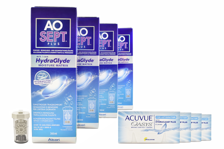 Sparpakete Kontaktlinsen mit Linsenmitteln Acuvue Oasys for Astigmatism 4 x 6 Zwei-Wochenlinsen + AoSept Plus HydraGlyde Halbjahres-Sparpaket