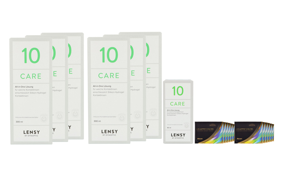 Sparpakete Kontaktlinsen mit Linsenmitteln Air Optix Colors 12 x 2 farbige Monatslinsen + Lensy Care 10 Jahres-Sparpaket