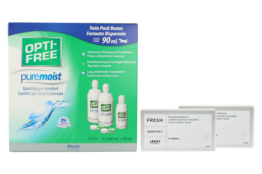 Sparpakete Kontaktlinsen mit Linsenmitteln Lensy Monthly Fresh Spheric 2 x 6 Monatslinsen + Opti Free Pure Moist Halbjahres-Sparpaket