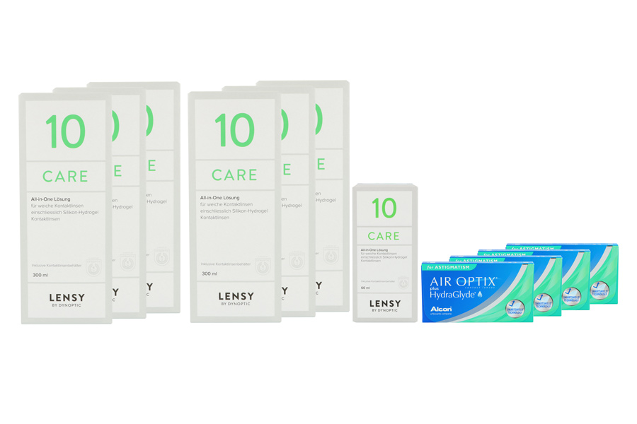 Sparpakete Kontaktlinsen mit Linsenmitteln Air Optix plus HydraGlyde for Astigmatism 4 x 6 Monatslinsen + Lensy Care 10 Jahres-Sparpaket