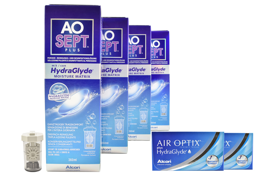 Sparpakete Kontaktlinsen mit Linsenmitteln Air Optix plus HydraGlyde 2 x 6 Monatslinsen + AoSept Plus HydraGlyde Halbjahres-Sparpaket