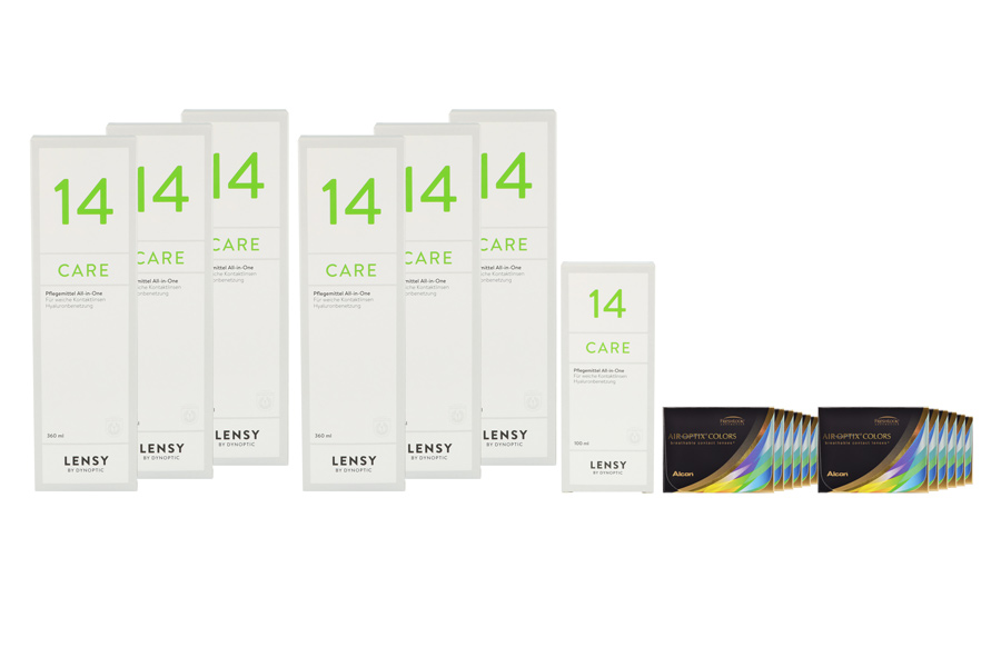 Sparpakete Kontaktlinsen mit Linsenmitteln Air Optix Colors 12 x 2 farbige Monatslinsen + Lensy Care 14 Jahres-Sparpaket