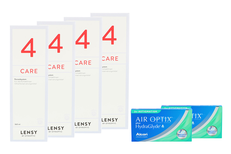 Sparpakete Kontaktlinsen mit Linsenmitteln Air Optix plus HydraGlyde for Astigmatism 2 x 6 Monatslinsen + Lensy Care 4 Halbjahres-Sparpaket