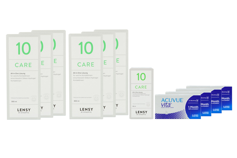 Sparpakete Kontaktlinsen mit Linsenmitteln Acuvue Vita 4 x 6 Monatslinsen + Lensy Care 10 Jahres-Sparpaket
