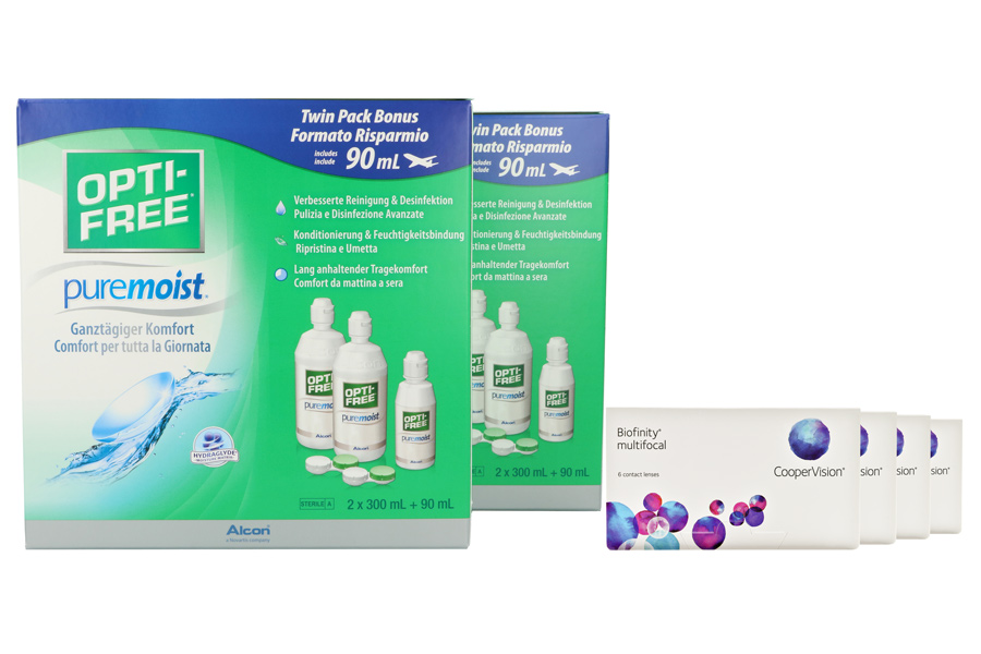 Sparpakete Kontaktlinsen mit Linsenmitteln Biofinity multifocal 4 x 6 Monatslinsen + Opti Free Pure Moist Jahres-Sparpaket