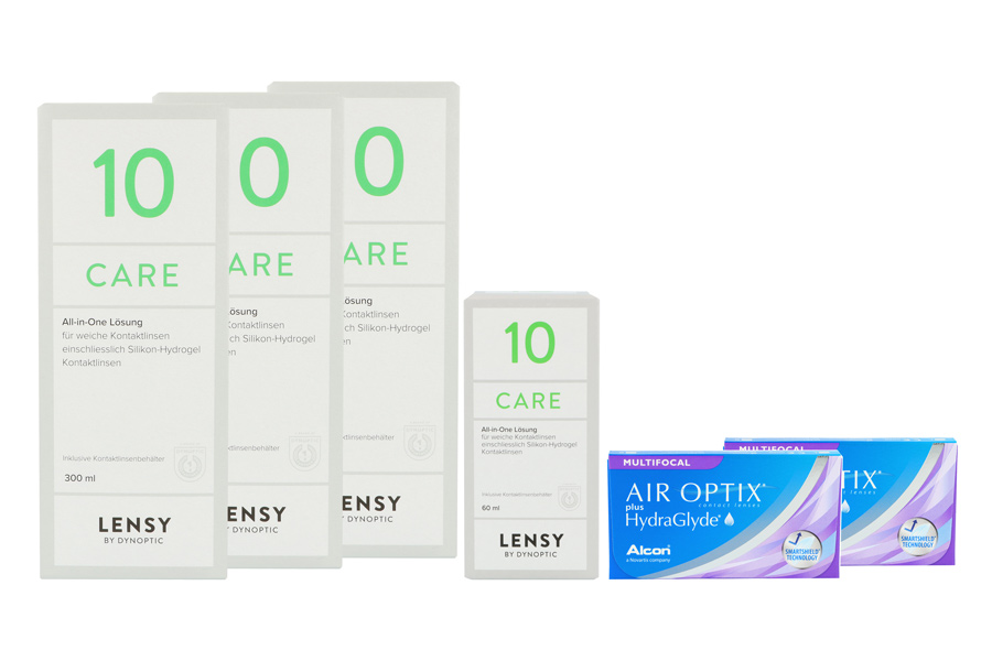 Sparpakete Kontaktlinsen mit Linsenmitteln Air Optix plus HydraGlyde Multifocal 2 x 6 Monatslinsen + Lensy Care 10 Halbjahres-Sparpaket