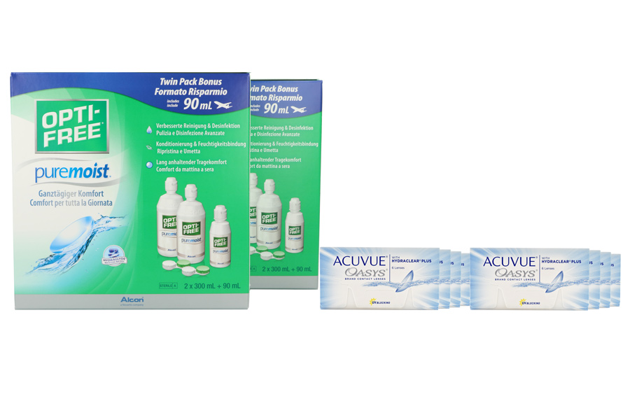 Sparpakete Kontaktlinsen mit Linsenmitteln Acuvue Oasys 8 x 6 Zwei-Wochenlinsen + Opti Free Pure Moist Jahres-Sparpaket