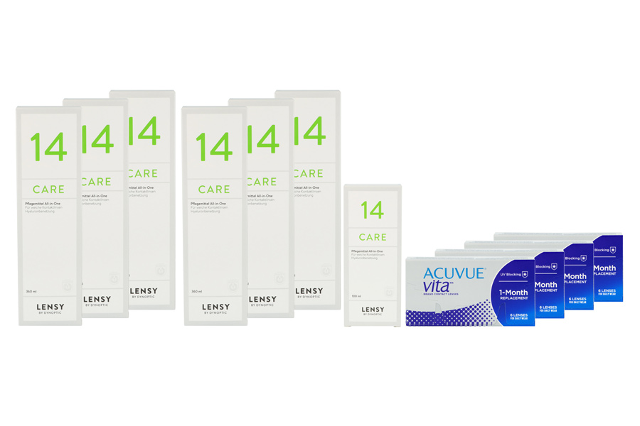Sparpakete Kontaktlinsen mit Linsenmitteln Acuvue Vita 4 x 6 Monatslinsen + Lensy Care 14 Jahres-Sparpaket