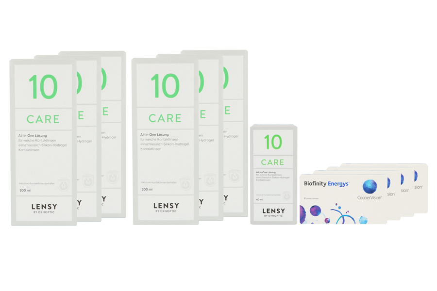 Sparpakete Kontaktlinsen mit Linsenmitteln Biofinity Energys 4 x 6 Monatslinsen + Lensy Care 10 Jahres-Sparpaket