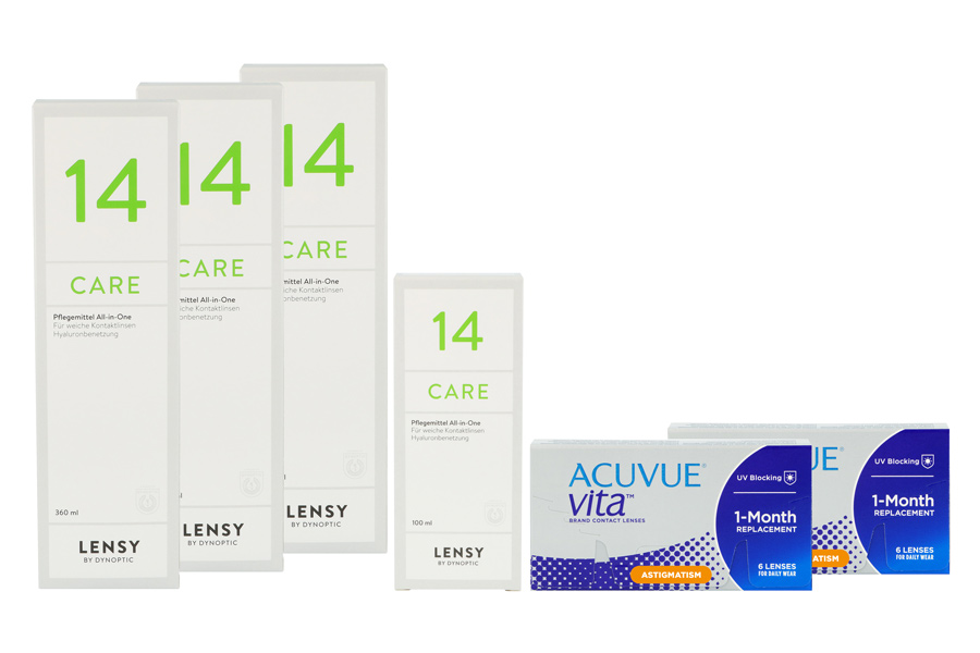 Sparpakete Kontaktlinsen mit Linsenmitteln Acuvue Vita for Astigmatism 2 x 6 Monatlinsen + Lensy Care 14 Halbjahres-Sparpaket