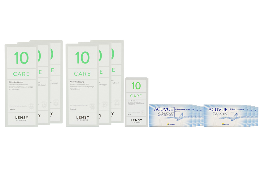 Sparpakete Kontaktlinsen mit Linsenmitteln Acuvue Oasys 8 x 6 Zwei-Wochenlinsen + Lensy Care 10 Jahres-Sparpaket
